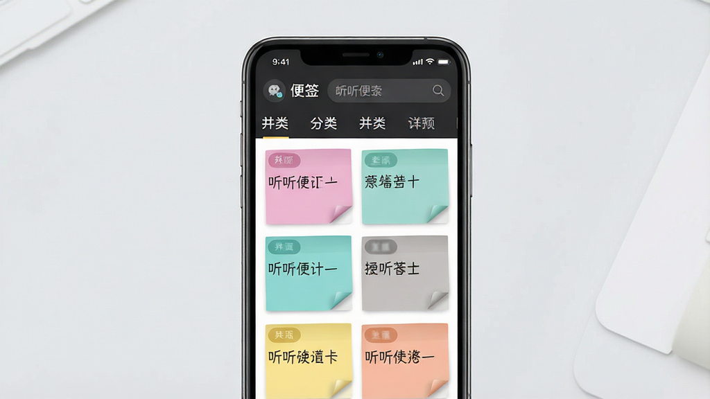 一张展示听听便签分类管理功能的图片,画面中央是手机屏幕,屏幕上显示“听听便签”便签列表界面,多条不同颜色的便签卡片整齐排列,每张卡片上有标签和文字内容,顶部有搜索框和分类标签栏,背景是浅灰色,风格清爽整洁,细节清晰,画质干净,无多余元素