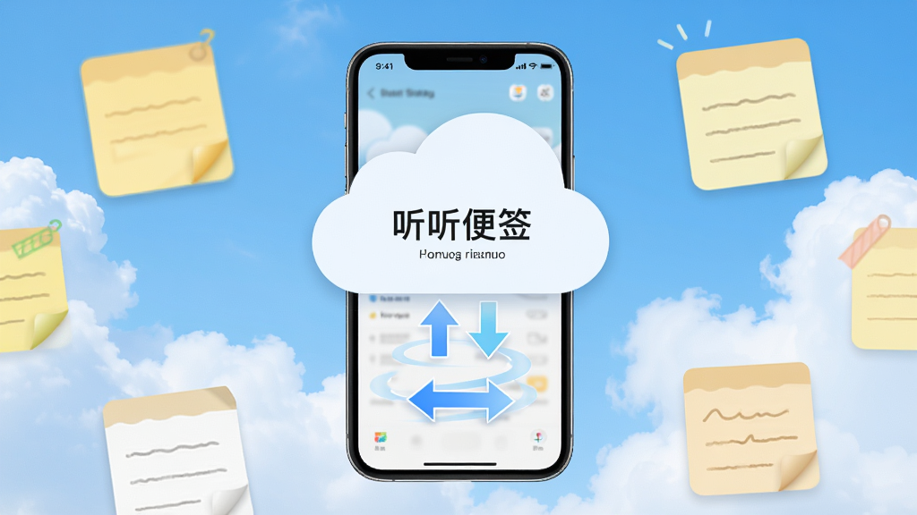 一张展示听听便签云端同步功能的图片,画面中央是手机和云朵图标,手机屏幕上显示“听听便签”同步界面,云朵下方有数据箭头双向流动,周围环绕着多个便签卡片图标,背景是蓝天白云,风格简洁明快,细节清晰,画质干净,无多余元素