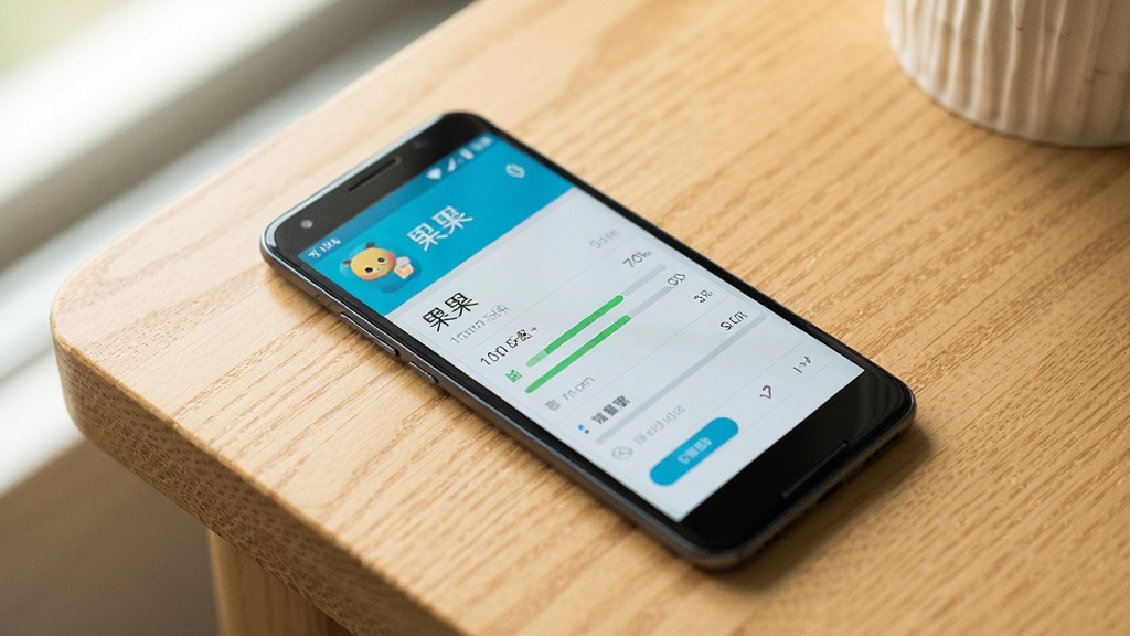 一部安卓手机放置在木质桌面上,屏幕显示“果果”应用的存储占用信息页面,画面风格为清新写实,背景简洁,光线自然,画质干净,突出轻量化的视觉感受