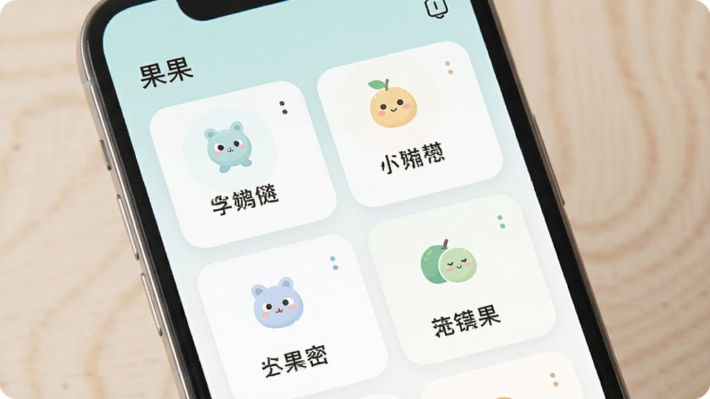一张展示“果果”应用功能模块布局的界面截图风格图片,画面中手机屏幕显示多个功能卡片整齐排列,每个卡片带有简洁图标和文字说明,整体设计风格清爽,配色柔和,画质清晰干净