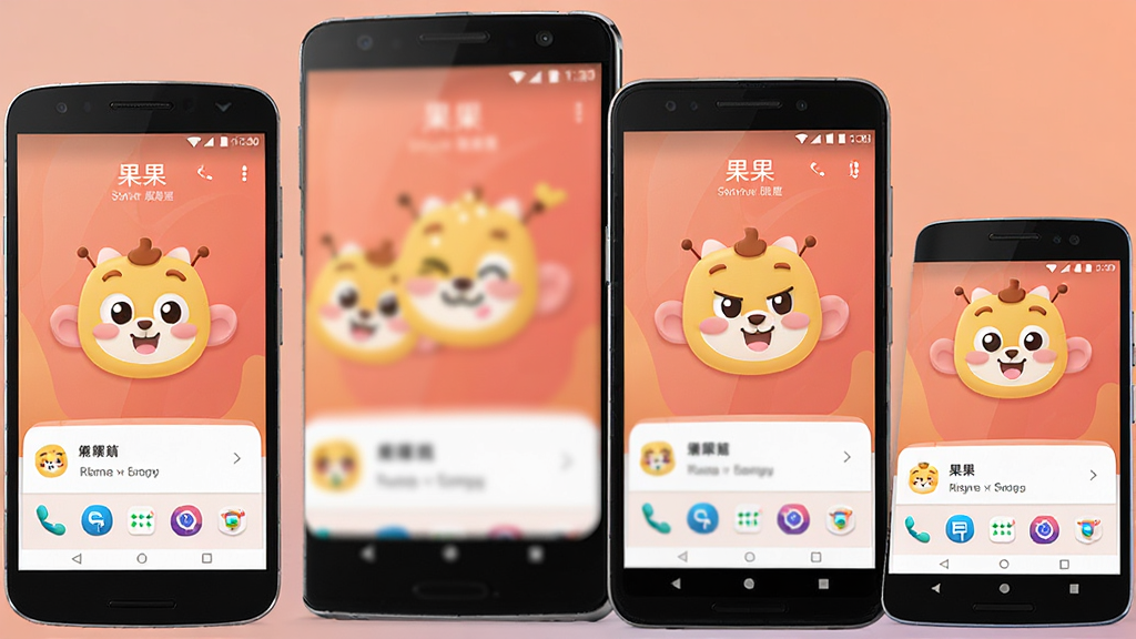 多部不同尺寸的安卓手机并排展示,每部手机屏幕上都运行着“果果”应用且界面显示正常,背景为纯色渐变,风格简洁商务,画质高清,突出兼容适配的主题