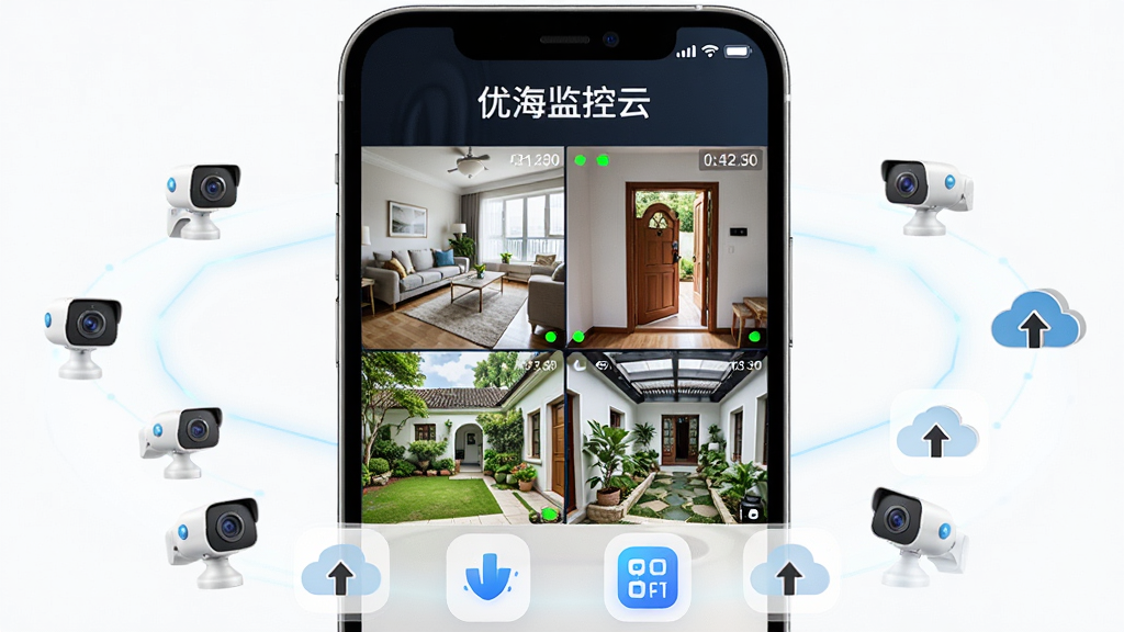 画面中央展示一部智能手机屏幕,屏幕上显示“优海监控云”软件的四宫格监控画面,包含客厅、门口、庭院等不同场景,画面清晰明亮,手机周围环绕多个小型摄像头图标与云朵存储图标,整体布局为上方软件名称下方功能图标,风格简洁科技感,细节包括绿色在线状态点、时间戳水印,画质高清干净无多余元素