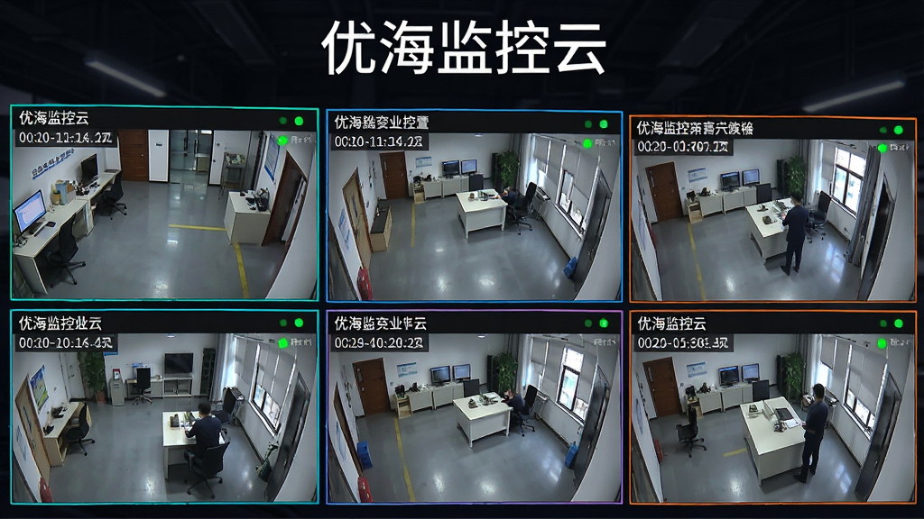 一张横向展开的监控画面墙,画面中排列着六个不同场景的实时监控窗口,每个窗口左上角标注设备名称,窗口之间用细线分隔,整体风格为深色背景搭配亮色边框,画面中央上方以白色字体写着“优海监控云”,细节包含清晰的时间戳和绿色在线指示灯,画质锐利干净,无多余装饰元素