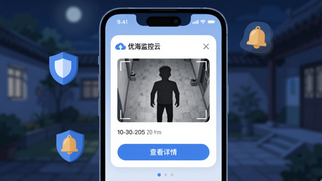 一部手机弹出告警通知界面,通知卡片上显示“优海监控云”字样和一张抓拍的人形轮廓图片,背景为模糊的夜间庭院场景,手机周围漂浮着盾牌图标与铃铛图标,整体风格为扁平化插画,配色以蓝白为主,细节包含时间显示和“查看详情”按钮,画质清晰干净无杂乱元素