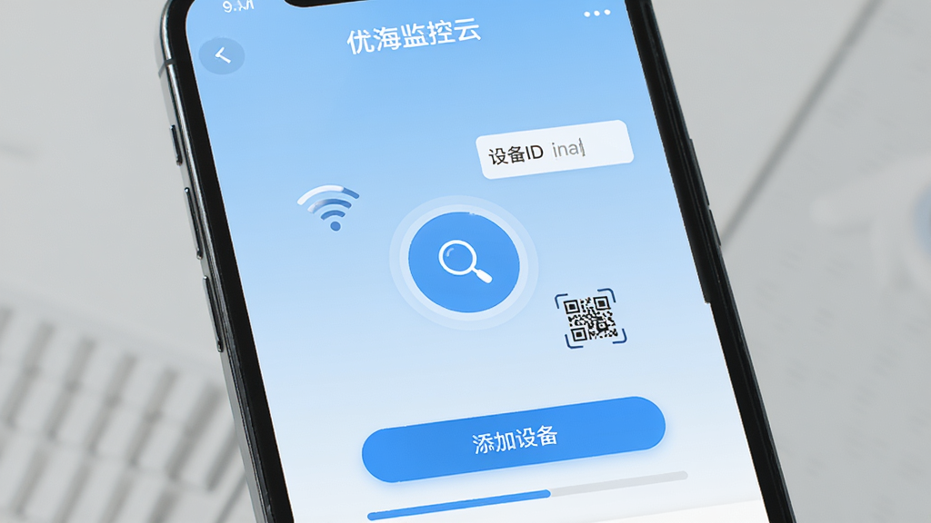 一部手机展示“优海监控云”的添加设备界面,界面中央有搜索设备的圆形按钮,周围环绕WiFi图标、设备ID输入框和二维码扫描图标,背景为浅蓝色渐变,整体风格清爽简洁,细节包含“添加设备”文字按钮和进度提示条,画质高清干净无多余元素