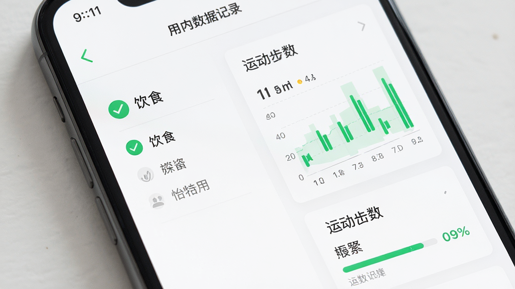 怡特佳应用内数据记录界面,主体为手机屏幕特写,屏幕上显示饮食记录和运动步数图表,布局为左右分栏,排版清晰,风格清新简约,细节包含绿色勾选图标和进度条,画质高清,干净,无多余元素