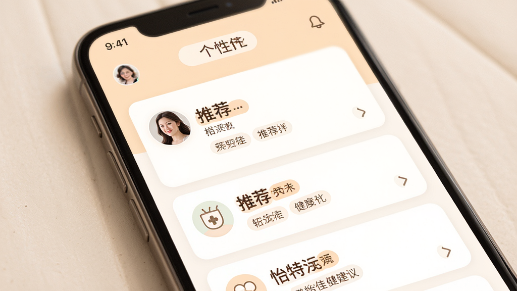 怡特佳应用内个性化建议页面,主体为手机屏幕显示健康建议列表,布局为垂直卡片式,排版整齐,风格柔和温暖,细节包含用户头像和推荐标签,画质高清,干净,无多余元素