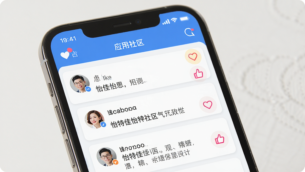 怡特佳应用社区互动界面,主体为手机屏幕展示用户动态和评论,布局为信息流形式,排版活泼,风格社交化,细节包含点赞图标和用户头像,画质高清,干净,无多余元素