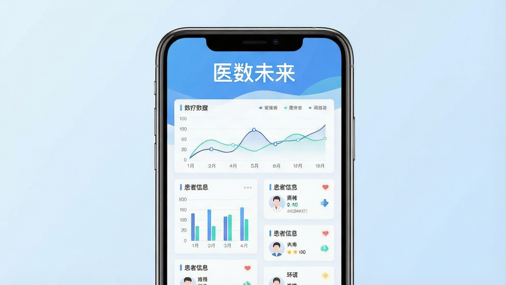 一张展示“医数未来”软件核心界面的图片,主体为手机屏幕中显示医疗数据看板与图表,布局采用居中构图,屏幕上方有软件名称“医数未来”文字标识,背景为干净的浅蓝色渐变,风格为现代科技感扁平化设计,细节包括数据折线图、柱状图、患者信息卡片等元素,画质清晰,干净,无多余元素