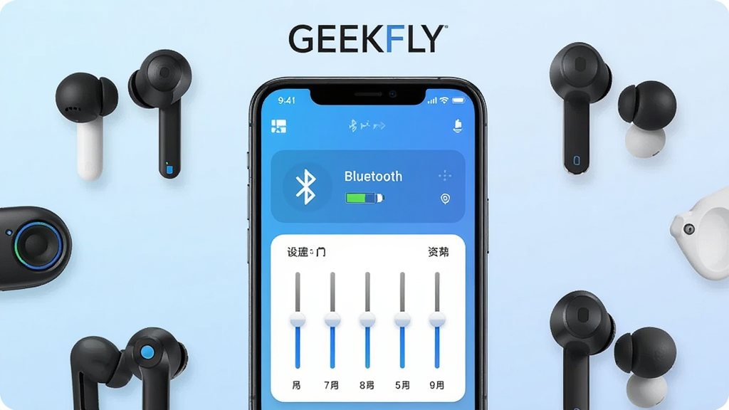 画面中央展示一部智能手机,手机屏幕亮起显示GEEKFLY应用主界面,界面中包含蓝牙连接状态、电量显示与均衡器调节滑块,手机周围环绕着几款不同型号的无线蓝牙耳机,背景为柔和的浅蓝色渐变,整体采用扁平化科技风格,细节清晰,画质干净,无多余元素,图片上方有文字
