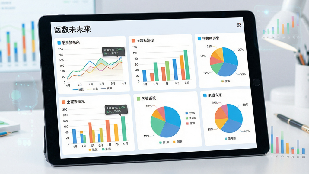 一张展示“医数未来”多维数据可视化分析功能的图片,主体为平板设备上显示多种彩色图表组合,布局为网格状排列,包含折线图、柱状图、饼图,风格为清新浅色科技风,细节包括图例标签、数据提示框、坐标轴刻度,画质清晰,干净,无多余元素