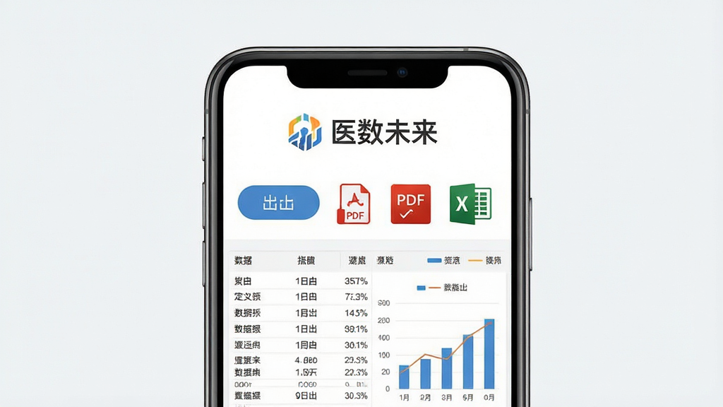 一张展示“医数未来”自定义报表与导出功能的图片,主体为手机屏幕显示报表预览界面,布局为上下结构,上方为报表标题与Logo区域,下方为数据表格与图表,风格为简约商务风,细节包括导出按钮、PDF图标、Excel图标,画质清晰,干净,无多余元素