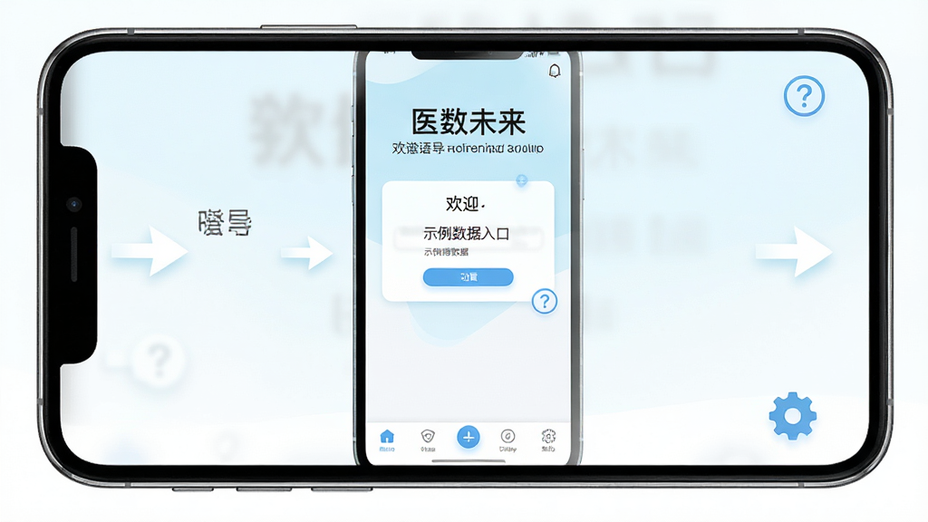 一张展示“医数未来”新手操作界面的图片,主体为手机屏幕显示引导提示与功能标签,布局为上下结构,上方为欢迎语与示例数据入口,下方为底部导航栏,风格为清新浅色友好风,细节包括箭头指示、问号图标、设置齿轮,画质清晰,干净,无多余元素