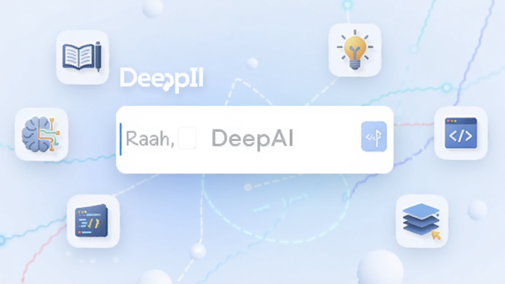 一张展示DeepAI深度思考软件主界面的预览图,画面中央是简洁的对话输入框,背景是柔和的蓝白渐变科技风,周围环绕着代表知识、灵感、代码、翻译等功能的悬浮图标,整体风格干净现代,画质清晰,无多余元素