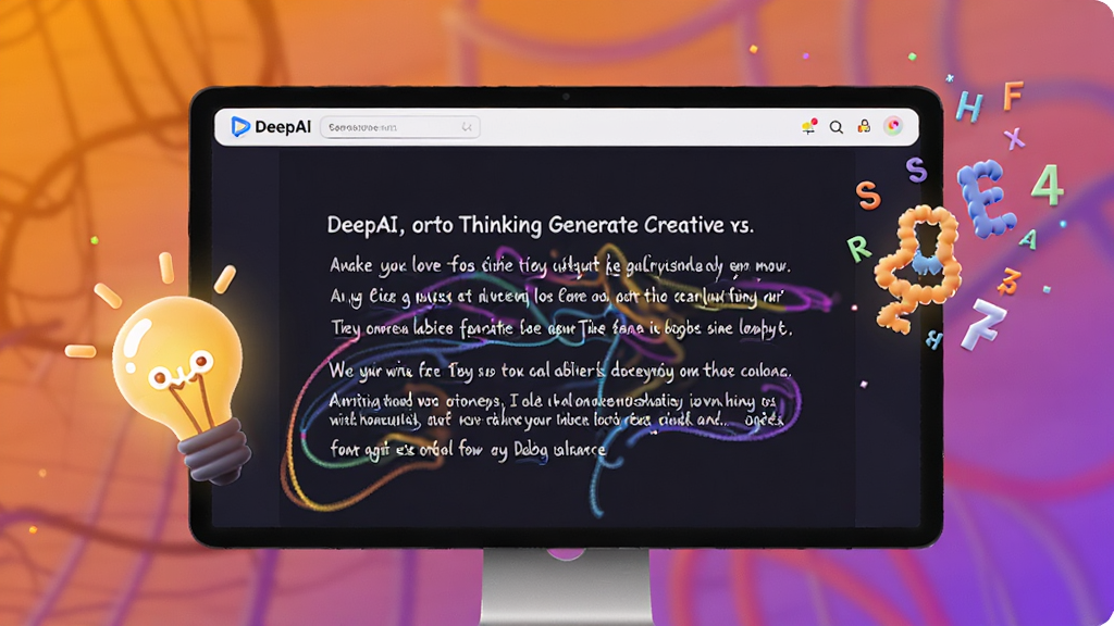 一张展示DeepAI深度思考生成创意文案的界面图,画面中屏幕显示着一篇正在生成的营销文案,文字流畅,旁边有代表灵感的灯泡图标和飘浮的字符元素,背景是温暖的橙色与紫色渐变,风格活泼,画质明亮
