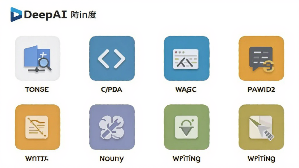 一张展示DeepAI深度思考集成多种工具图标的界面图,画面中整齐排列着翻译、代码、摘要、写作等工具图标,每个图标下方有文字说明,背景是简洁的白色,风格扁平化,画质清晰,无杂乱元素