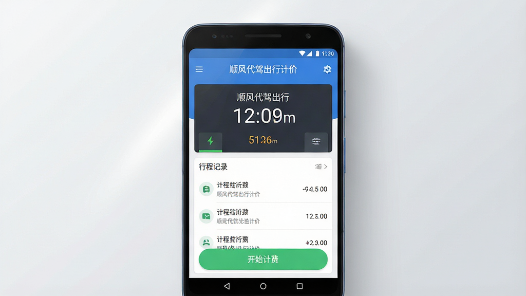 一张手机应用界面展示图,画面中央是一部安卓手机,手机屏幕上显示“顺风代驾出行计价”的应用主界面,界面包含计价器数字、行程记录列表和开始计费按钮,背景为简洁的浅灰色渐变,手机周围有柔和的光影效果,整体风格干净清爽,排版居中,细节清晰,画质高清,无多余元素