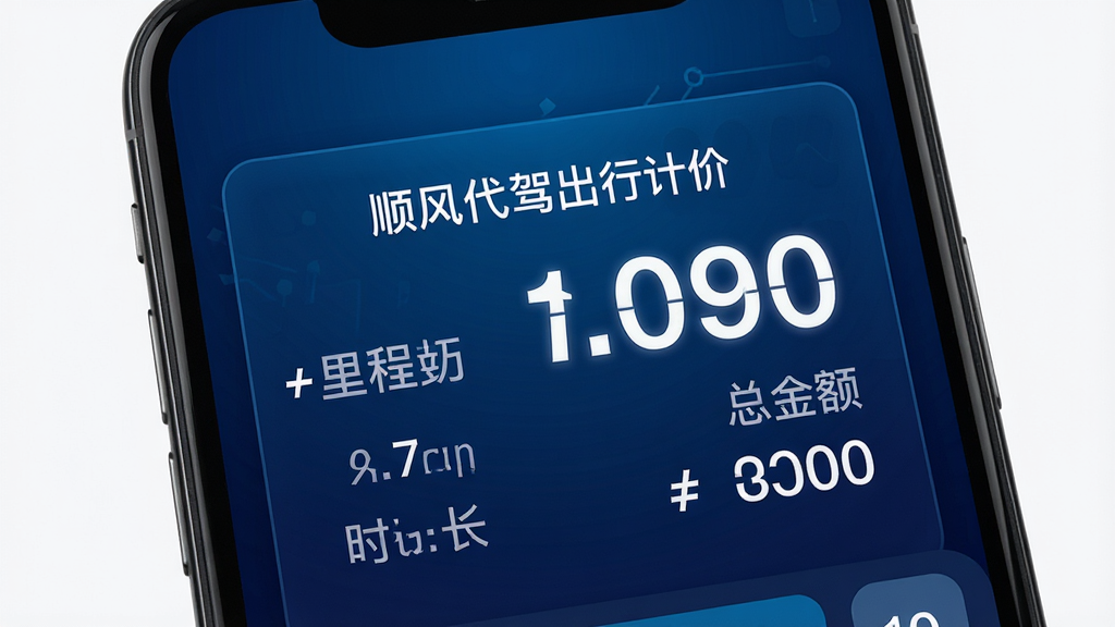 一张AI生成的计价器界面特写图,画面中心是手机屏幕上的“顺风代驾出行计价”数字计价面板,显示里程数、时长和总金额,数字用大号字体突出,背景为深蓝色科技感渐变,界面排版整齐,风格现代简洁,画质高清,干净无杂乱元素