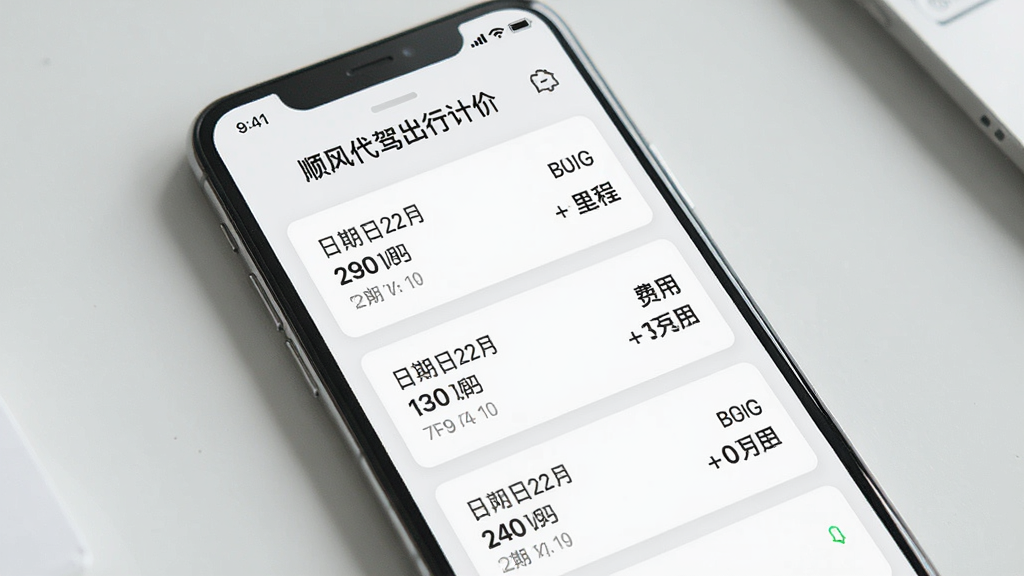 一张手机屏幕展示行程记录列表的图片,画面中手机屏幕上显示“顺风代驾出行计价”的历史订单列表,每条记录包含日期、里程和费用信息,界面采用卡片式布局,背景为白色与浅灰色搭配,风格清新简约,排版整齐,画质清晰,无多余装饰