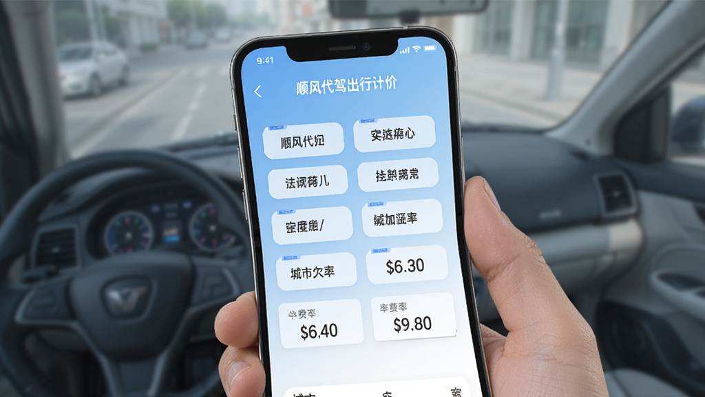 一张AI生成的手机界面图,画面中手机屏幕上显示“顺风代驾出行计价”的城市选择与费率设置页面,界面上有多个城市名称标签和费率数字输入框,背景为浅蓝色渐变,风格商务简洁,布局清晰,画质高清,干净无多余元素