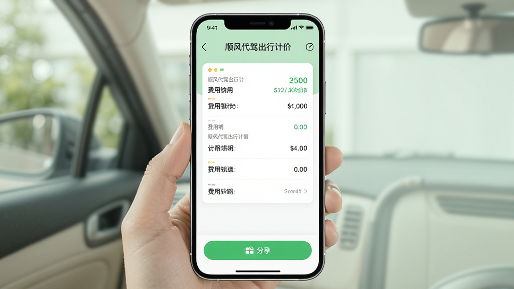 一张AI生成的手机界面图,画面中手机屏幕上显示“顺风代驾出行计价”的费用结算页面,页面上有费用明细列表和分享按钮,背景为浅绿色与白色搭配,风格清爽自然,排版简洁,画质高清,无杂乱元素