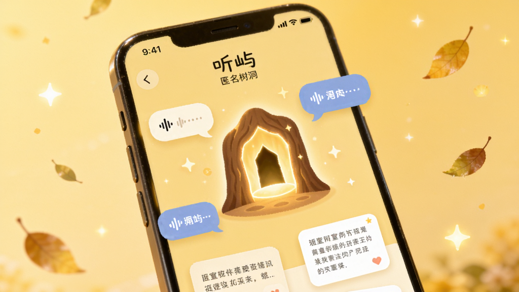 一部手机屏幕显示“听屿”匿名树洞页面,界面中央是一个发光的树洞形状图标,周围散落着匿名语音气泡和文字卡片,背景是柔和的暖黄色调,风格治愈温馨,细节有飘落的树叶和星光,画质清晰,干净,无多余元素。