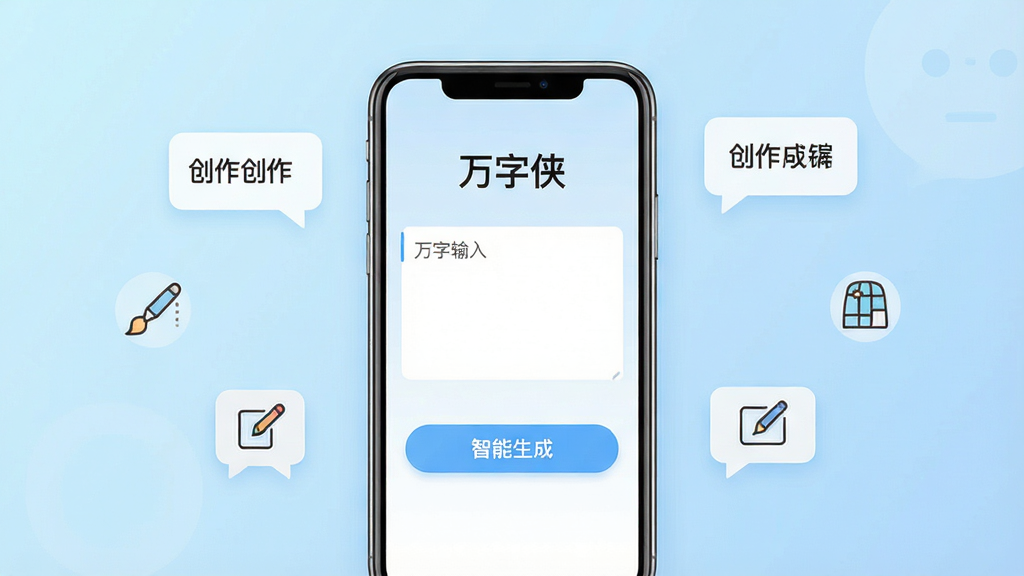 一幅简洁明亮的手机应用界面展示图,画面中央放置一部智能手机,屏幕显示“万字侠”软件主界面,界面内有文字输入框和智能生成按钮,背景为浅蓝色渐变,周围点缀文字气泡和创作图标,风格清新现代,排版居中对称,细节清晰,画质干净,无多余元素
