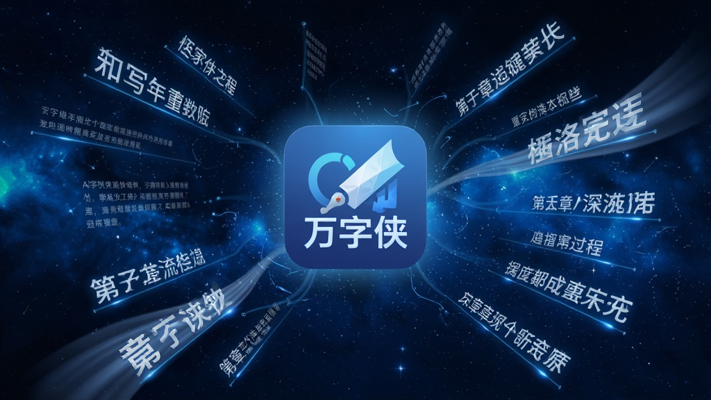 一张展现AI写作过程的生图,画面中“万字侠”软件图标悬浮在中央,周围环绕着发光的文字段落和章节标题,背景为深蓝星空色调,风格科技感十足,构图采用放射状排版,细节处可见文字流畅生成的效果,画质清晰,无杂乱元素