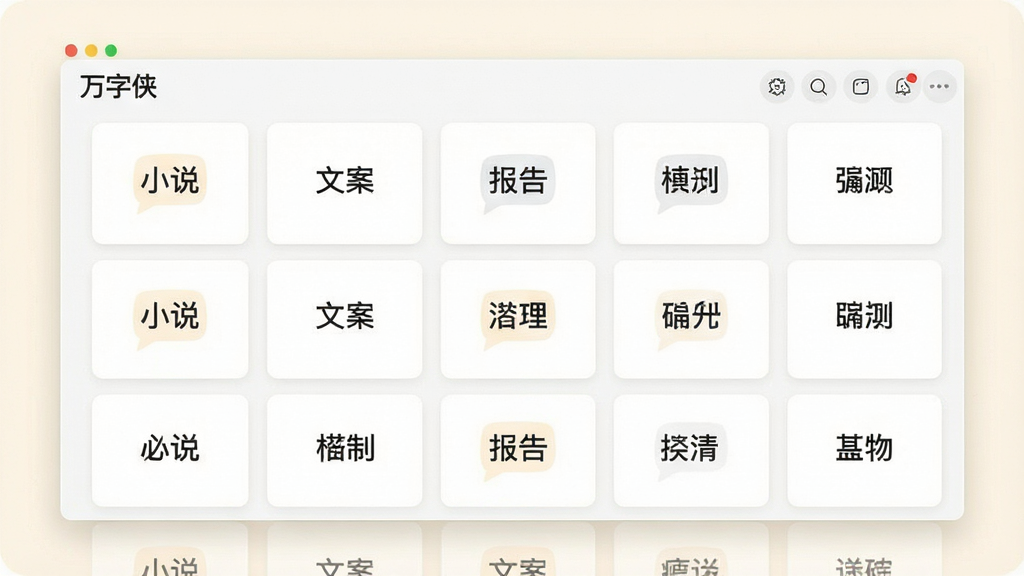 一张展示多场景写作模板的界面图,画面中“万字侠”软件界面以网格形式排列各类模板卡片,卡片上标注小说、文案、报告等字样,背景为柔和的米白色,风格简约清爽,排版整齐有序,细节清晰,画质干净,无多余装饰