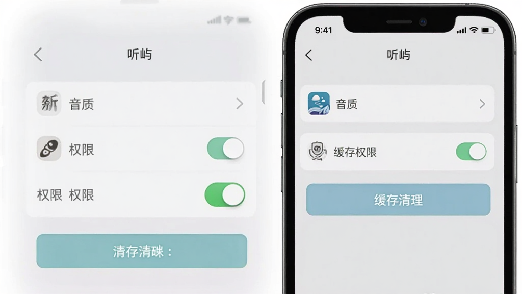 手机屏幕显示“听屿”设置页面,包含音质选项、权限开关和缓存清理按钮,背景是浅灰色,布局清晰,风格简洁实用,细节有图标和文字标签,画质清晰,干净,无多余元素。
