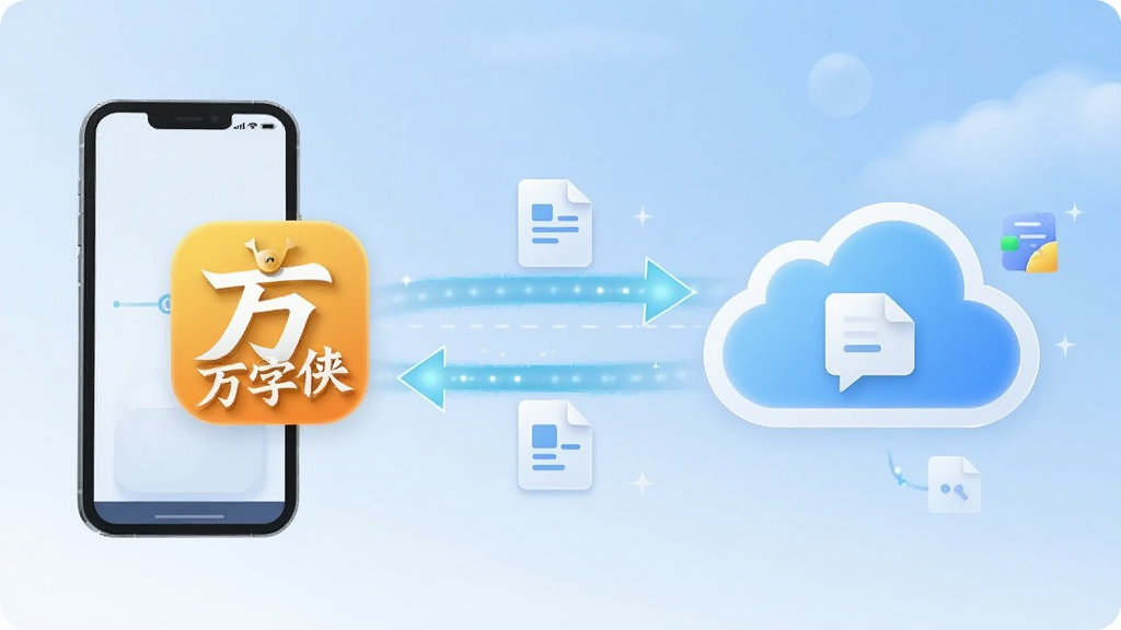 一张云端同步示意图,画面中“万字侠”软件图标连接着手机与云朵图标,数据流以光线形式双向传输,背景为淡蓝色天空,风格轻盈科技,排版采用横向延展构图,细节处可见文档图标,画质清晰,无多余元素