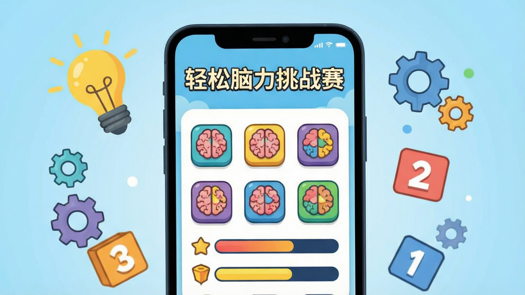 画面中央放置一部智能手机,屏幕上显示“轻松脑力挑战赛”游戏主界面,界面内包含彩色脑力关卡图标与分数进度条,手机周围漂浮着灯泡、齿轮、数字方块等益智元素,背景为浅蓝色渐变,整体采用扁平化卡通风格,色彩明快,细节干净,画质清晰,无多余元素