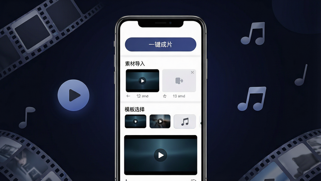 一张展示Deep一键成片AI手机应用界面的预览图,画面中央是手机屏幕,屏幕内显示软件主界面,包含“一键成片”按钮、素材导入区、模板选择栏和视频预览窗口,界面风格现代简洁,背景为深色渐变,周围散落着胶片、播放按钮、音乐符号等视频剪辑元素,整体布局居中对称,风格为科技感UI展示,细节清晰,画质高清,干净,无多余元素