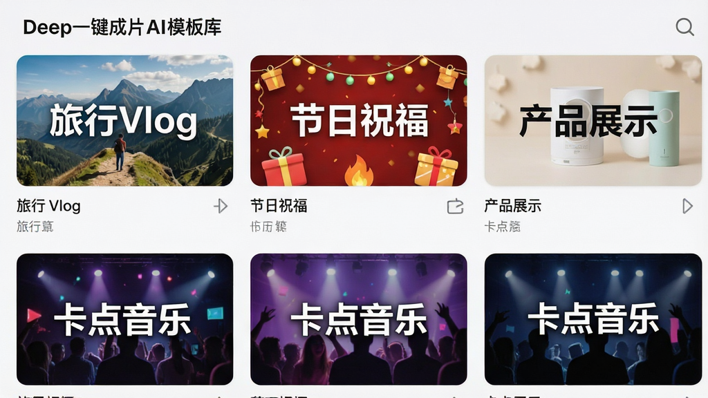 一张展示Deep一键成片AI模板库界面的图片,画面以网格形式排列多个视频模板封面,封面包含“旅行Vlog”“节日祝福”“产品展示”“卡点音乐”等文字标签,每个模板缩略图风格各异,背景为浅色系,布局整齐,风格为应用商店截图展示,细节清晰,画质高清,干净,无多余元素