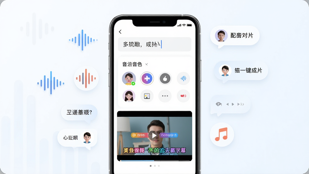 一幅展示Deep一键成片AI配音与字幕功能的示意图,画面中央是手机屏幕,屏幕内显示文字输入框和音色选择列表,下方是视频预览窗口,窗口中带有彩色字幕条,周围漂浮着声波图标和文字气泡,整体布局上下结构,风格为清新UI展示,细节包括不同音色的头像图标,画质清晰,干净,无多余元素
