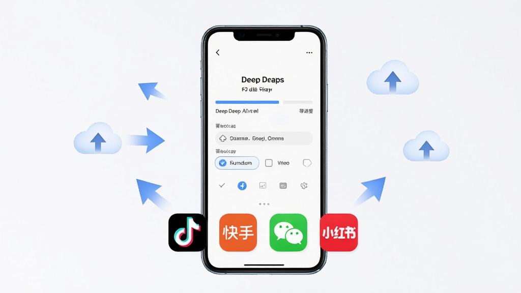 一张展示Deep一键成片AI导出与分享界面的图片,画面中央是手机屏幕,屏幕内显示导出进度条和分辨率选项,下方排列着抖音、快手、微信、小红书等社交平台图标,周围有分享箭头和上传云朵图标,整体布局居中,风格为简洁功能展示,细节清晰,画质高清,干净,无多余元素