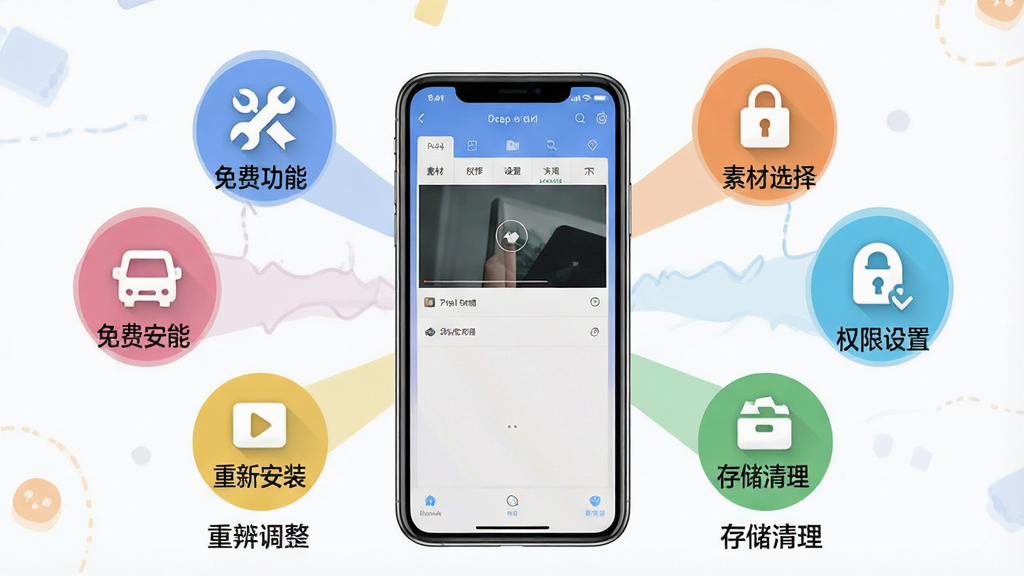 一张展示Deep一键成片AI新手操作要点的信息图,画面以手机屏幕为中心,屏幕内显示软件操作界面,周围环绕着六个圆形图标,分别标注“素材选择”“权限设置”“存储清理”“分辨率调整”“重新安装”“免费功能”,每个图标配有简短的文字说明,整体布局呈环形放射状,风格为扁平化信息图表,细节清晰,画质高清,干净,无多余元素