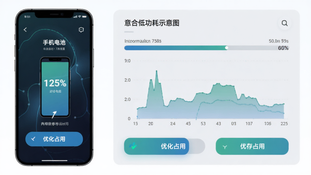 意合低功耗运行示意图,展示手机电池与内存占用图表,主体为手机屏幕与数据面板,布局左右分栏,风格科技感,细节包含进度条、百分比数值、优化按钮,画质清晰,干净,无多余元素