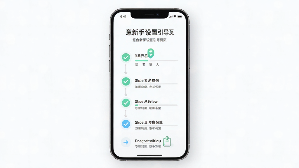 意合新手设置引导页面,展示权限开启与备份选项,主体为手机屏幕,布局纵向步骤,风格友好清新,细节包含勾选图标、进度指示、说明文字,画质清晰,干净,无多余元素