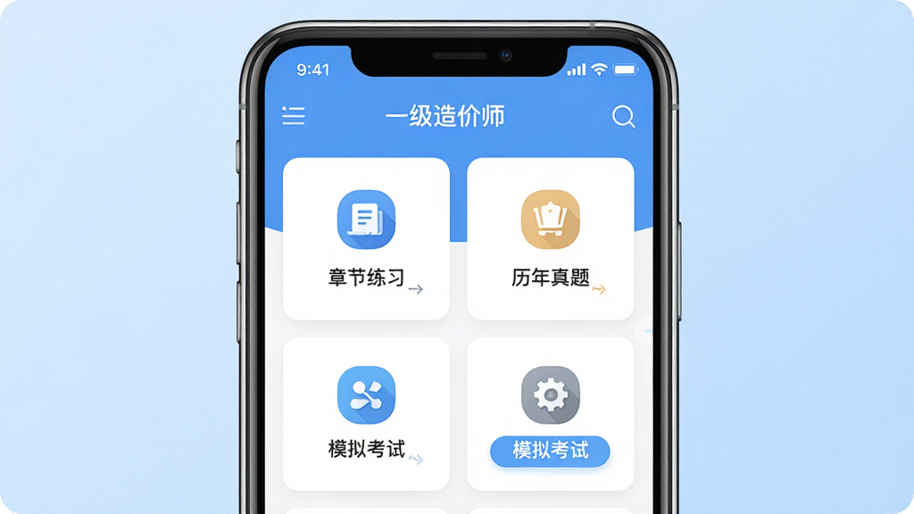 一级造价师手机应用界面全貌展示,画面中央是一部智能手机,屏幕显示一级造价师APP的首页,包含章节练习、历年真题、模拟考试等功能模块的图标整齐排列,背景为干净的浅蓝色渐变,风格为扁平化科技风,细节处可见清晰的文字标签与按钮,画质高清,干净无多余元素
