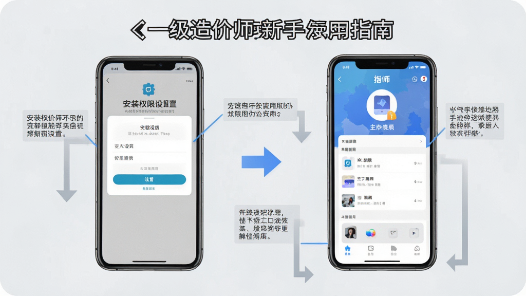 一级造价师新手使用指南示意图,画面展示一部手机屏幕中显示安装权限设置界面与APP主页面并排对比,背景为简洁的浅灰色,风格为信息图表式,细节处有箭头指引与文字标注,画质高清,干净无多余元素