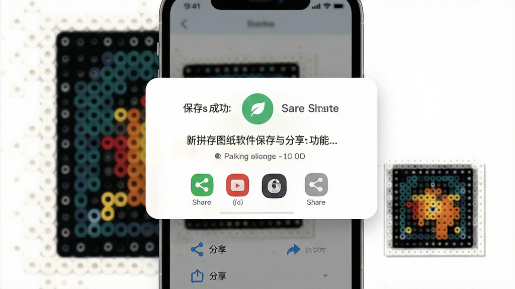 一张展示拼豆图纸软件保存与分享功能的图片,主体为手机屏幕中显示图纸保存成功提示与分享菜单,布局为中央弹窗配合背景图纸预览,排版紧凑,风格为友好亲和的移动端界面风格,细节包括保存路径提示、分享平台图标、图纸缩略图,画质高清,画面干净,无多余元素