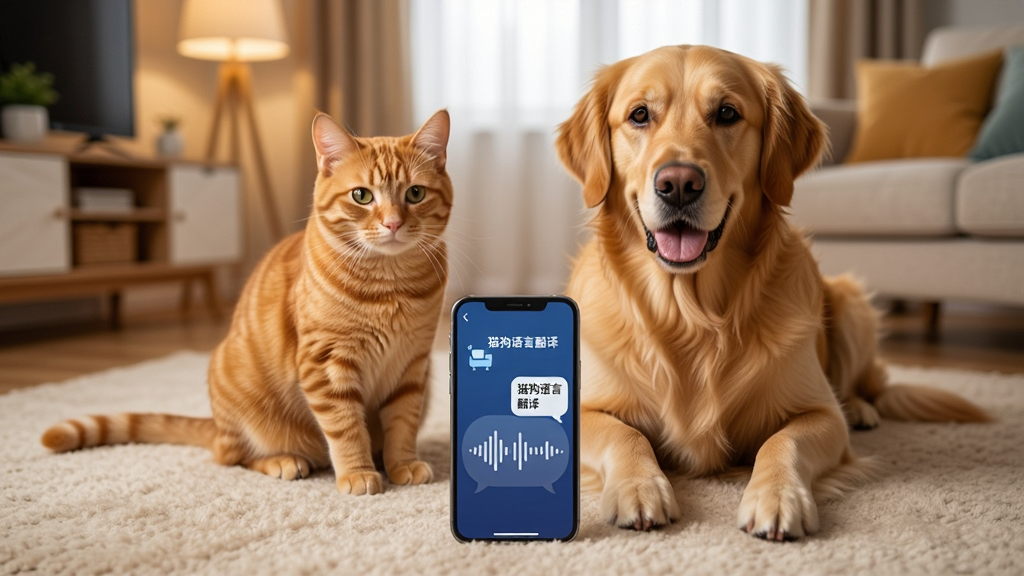 一只橘色猫咪和一只金毛犬并排坐在明亮的客厅地毯上,面前放着一部智能手机,手机屏幕显示“猫狗语言翻译”应用界面,界面中有声波图标和翻译文字气泡,背景温馨居家,暖色调光线,写实风格,细节丰富,画面干净,无多余元素,高清画质