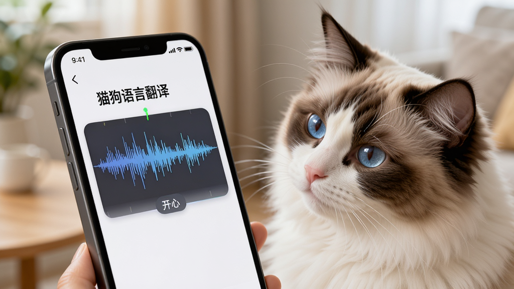 手机屏幕特写,显示“猫狗语言翻译”应用正在分析一段猫咪叫声,屏幕上有声波波形和情绪标签“开心”,旁边有一只布偶猫好奇地看着手机,背景柔和虚化,科技感与温馨感结合,画面干净,高清画质
