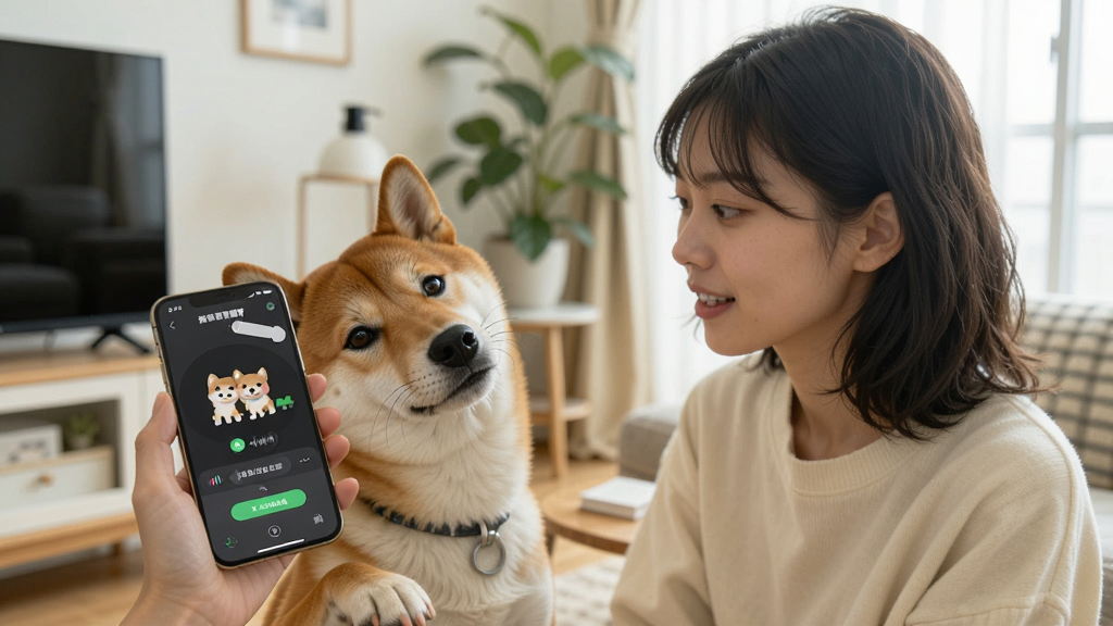 一位年轻女性拿着手机对一只柴犬说话,手机屏幕显示“猫狗语言翻译”的人声转宠物音效界面,柴犬歪头聆听,表情好奇,室内环境明亮,生活化场景,写实风格,细节清晰,画面干净,高清画质