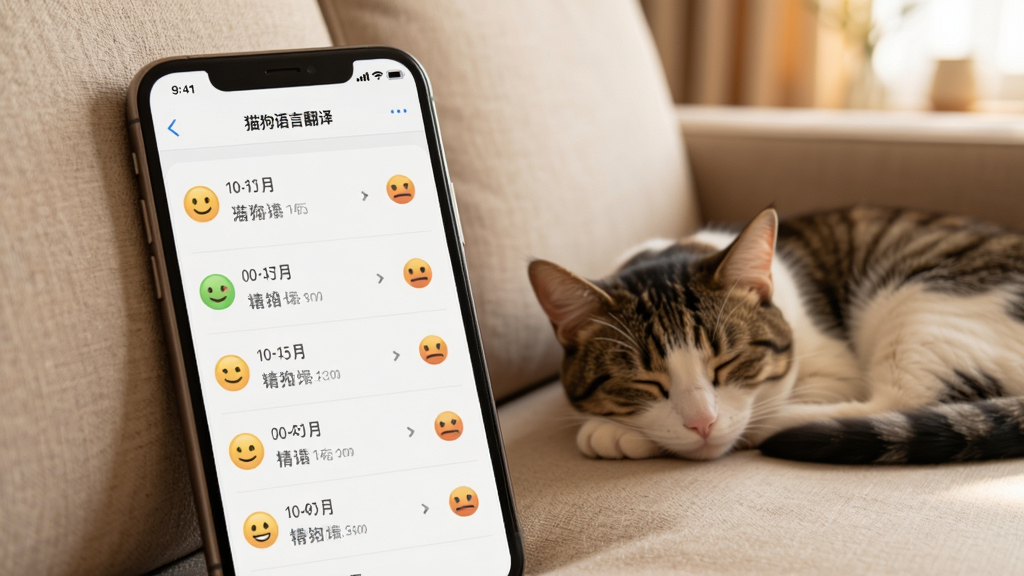 手机屏幕显示“猫狗语言翻译”的情绪记录日志页面,列表中有多条带时间戳的翻译记录和情绪图标,旁边有一只猫咪趴在沙发上睡觉,背景温暖舒适,简约排版,高清画质,干净无多余元素