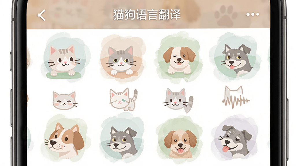 手机界面展示“猫狗语言翻译”的音效库页面,网格排列多种猫咪和狗狗头像图标,每个图标代表不同叫声,背景清爽,扁平化设计风格,色彩柔和,排版整齐,高清画质,无多余元素