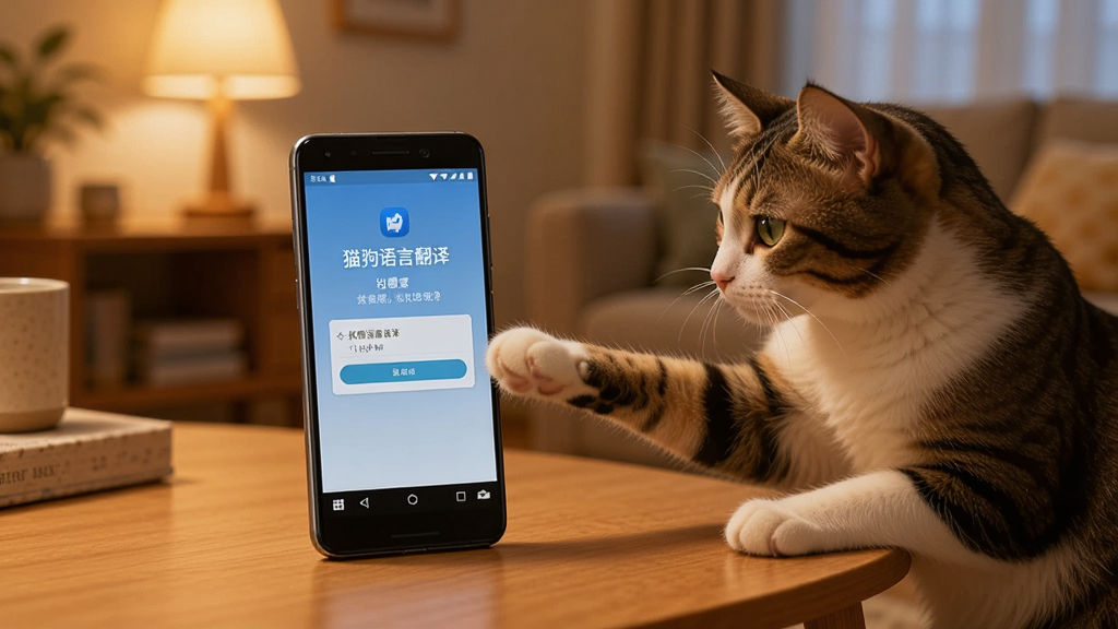 一部安卓手机放在桌面上,屏幕显示“猫狗语言翻译”的权限设置引导页面,旁边有一只猫咪好奇地伸爪触碰手机,背景是温馨的家居环境,暖光,写实风格,画质清晰,画面干净整洁