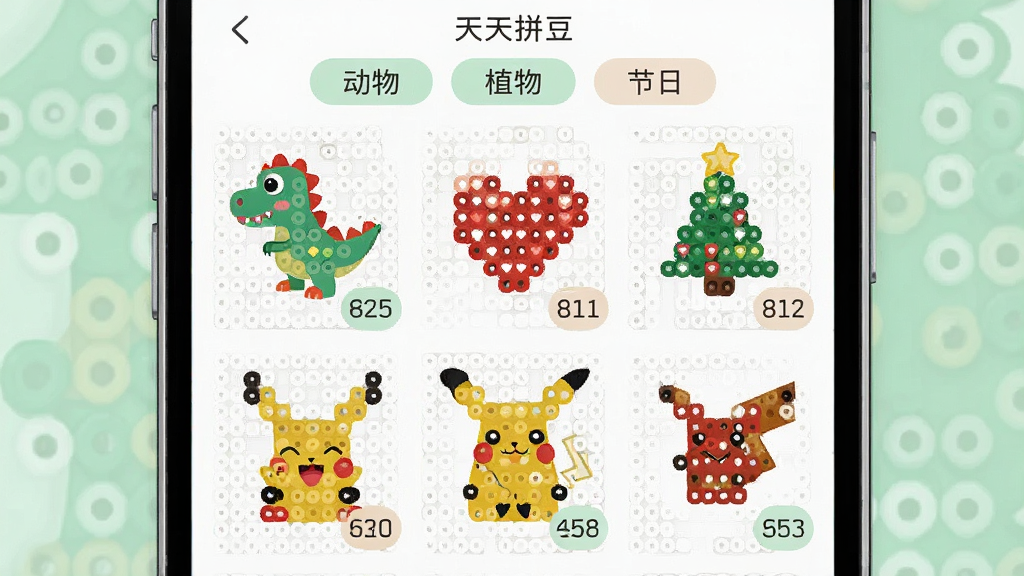一个手机应用界面展示拼豆图纸列表,缩略图包括小恐龙、爱心、圣诞树、皮卡丘风格图案,界面顶部有分类标签