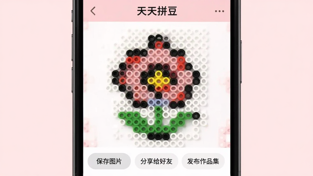 手机屏幕显示一个拼豆作品分享界面,中央是一幅完成的像素花朵图案,下方有